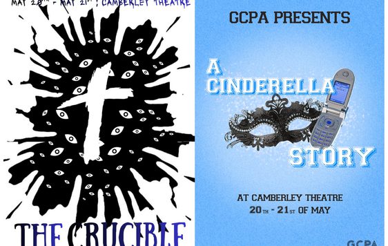 Two posters side by side, on the left is a white background with a black splatter and a cross with the title "The Crucible" underneath. On the right is a masquerade mask, a mobile phone and the title "A Cinderella Story".