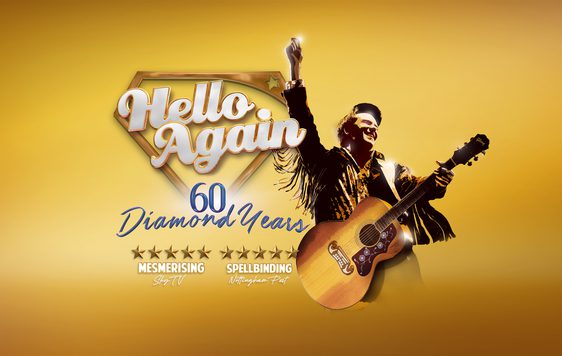 A performer poses with a guitar as Neil Diamond, wearing a jacket with fringed sleeves, next to a diamond shaped logo with the show title "Hello Again, 60 Diamond Years"