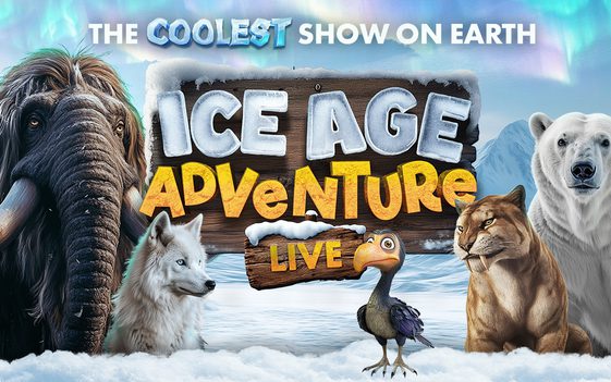 An icy background with images of a wooly mammoth, an artctic fox, a dodo, a sabre tooth tiger and a polar bear around the show title "Ice Age Adventure Live"