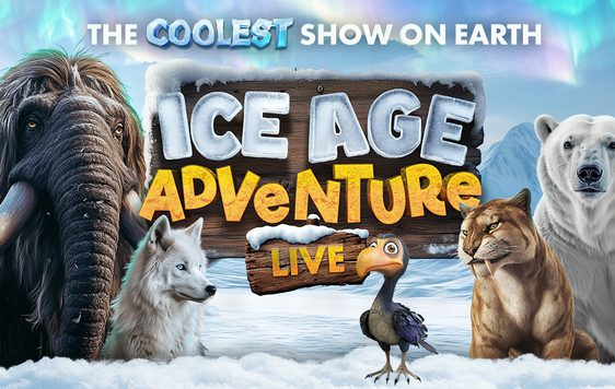 An icy background with images of a wooly mammoth, an artctic fox, a dodo, a sabre tooth tiger and a polar bear around the show title "Ice Age Adventure Live"