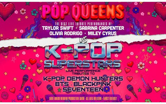 Text Reads: "Pop Queens vs. K-Pop Superstars, Live Performance Tributes to K-Pop Demon Hunters, BTS, Blackpink, Taylor Swift, Sabirna Carpenter, Olivia Rodrigo, Miley Cyrus"