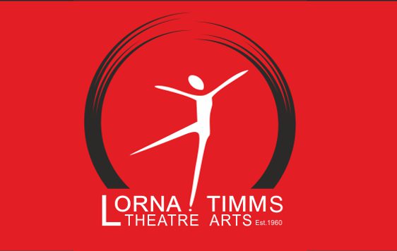 A red background with a white figure dancing in the centre and black brush strokes in a circle around them. Underneath, text reads "Lorna Timms Theatre Arts, Est. 1960.