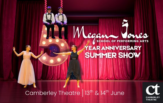 A stage with red drapes and two women dancing. Two men are being lowered to the stage whilst sitting on a number 5 covered in lights. The show title is shown "Megan Jones School of Performing Arts, 5 Year Anniversary Showcase"