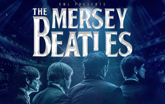 A blue background of an auditorium and a silhouette of four performers from behind. Text reads "R M L Presents, The Mersey Beatles".