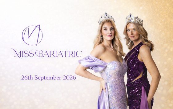 Two pageant contestants wearing sparkly purple gowns and tiaras pose against a gold background. Text reads "Miss Bariatric, 26th September 2026"