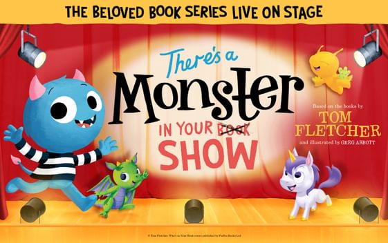 A cartoon drawing of a smiling little blue monster running on a stage with a dragon and a unicorn. The show title, "There's a Monster in your Show" is shown on the red curtains with a spotlight shining at them.