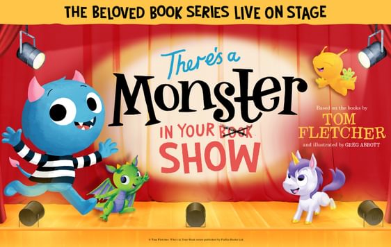 A cartoon drawing of a smiling little blue monster running on a stage with a dragon and a unicorn. The show title, "There's a Monster in your Show" is shown on the red curtains with a spotlight shining at them.