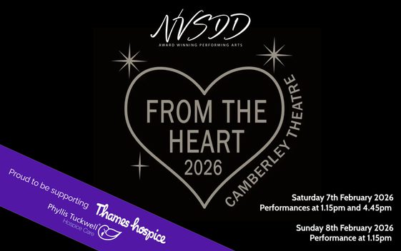Black background with the show title, "From the Heart 2026" shown inside a heart shape. A purple banner is across the bottom left corner and says "proud to be supporting Thames Hospice".