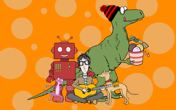 A cartoon image of Nick Cope sat cross-legged on the floor with a guitar surrounded by characters from his songs against an orange background with bubbles on.
