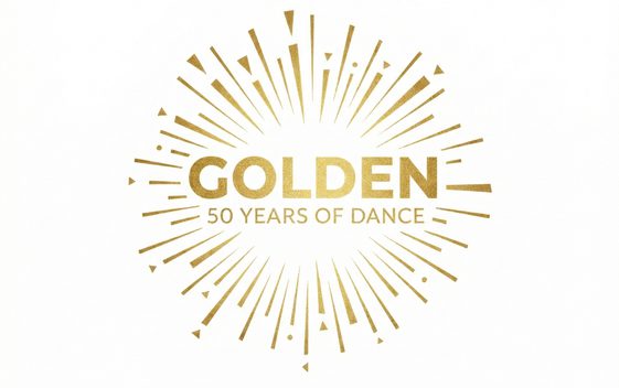 A white background with a gold starburst style logo and the words "Golden, 50 Years of Dance" in the centre
