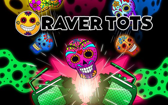Cartoon drawings of decorated skulls and smiley faces in neon colours against a black background. Text reads "Raver Tots".