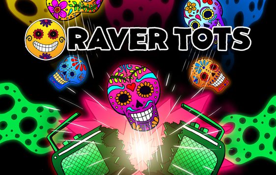 Cartoon drawings of decorated skulls and smiley faces in neon colours against a black background. Text reads "Raver Tots".