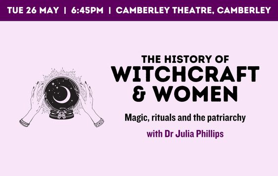 A drawn image of a crystal ball with hands either side and the show title "The History of Witchcraft & Women, Magic, Rituals and the Patriarchy with Dr Julia Phillips"