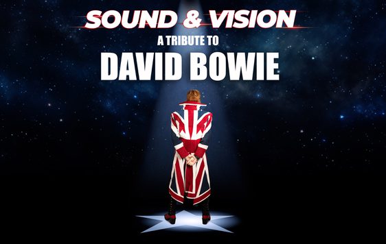 A dark starry background with the show title, "Sound & Vision a tribute to David Bowie" shown above a performer wearing a long union jack coat.