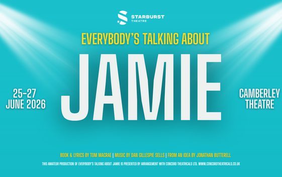 A blue background with the show title "Everybody's Talking About Jamie" beneath the Starburst Theatre logo