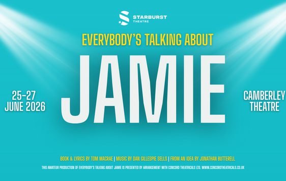 A blue background with the show title "Everybody's Talking About Jamie" beneath the Starburst Theatre logo