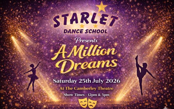 A purple background covered with golden sparkly stars. Shooting stars which look like spotlights are pointing a two silhouettes of dancers next to the title of the show "A Million Dreams"
