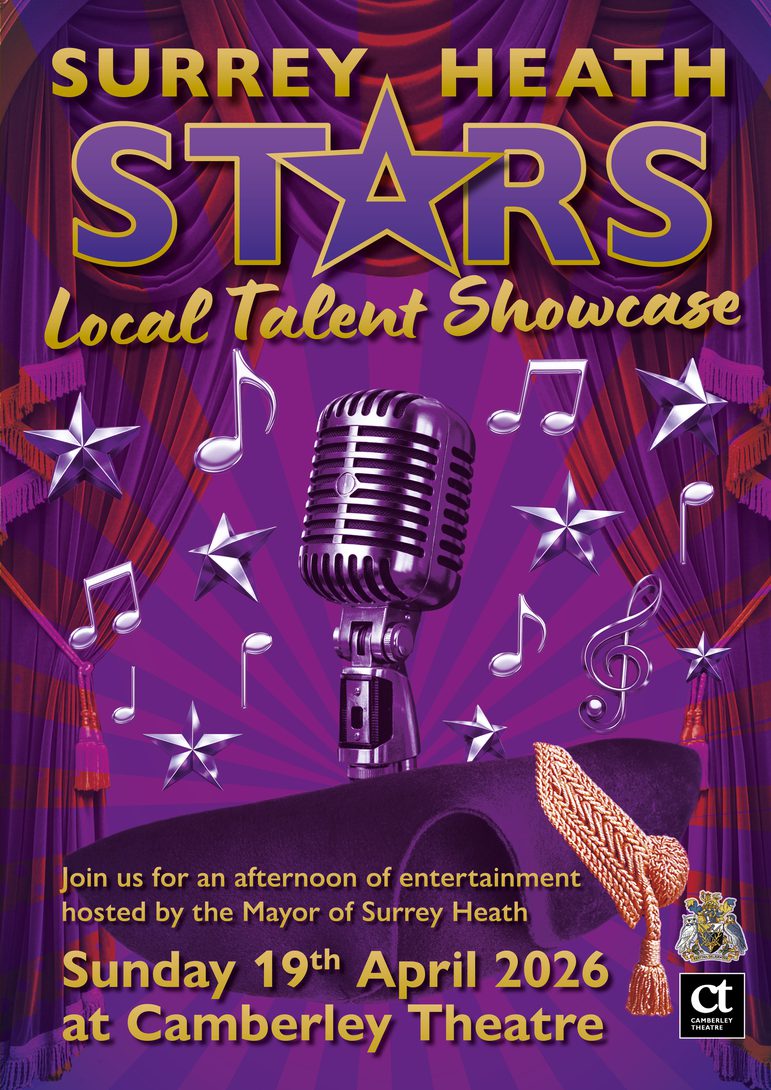 The show title "Surrey Heath Stars - Local Talent Showcase" with purple and red theatre drapes behind. A silver microphone is shown beneath with silver music notes and stars.