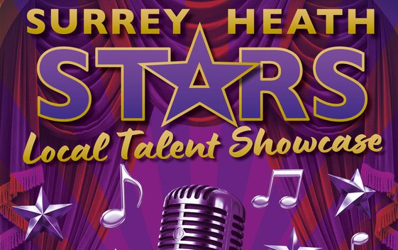 The show title "Surrey Heath Stars - Local Talent Showcase" with purple and red theatre drapes behind. A silver microphone is shown beneath with silver music notes and stars.