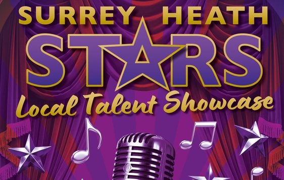 The show title "Surrey Heath Stars - Local Talent Showcase" with purple and red theatre drapes behind. A silver microphone is shown beneath with silver music notes and stars.