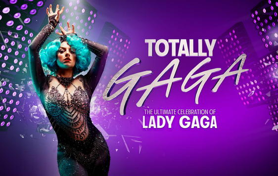 Georgia Crandon posing as Lady Gaga against a purple lit background next to the words "Totally Gaga, the ultimate celebration of Lady Gaga".