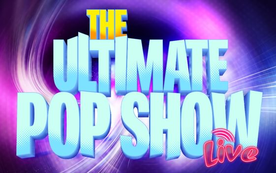 A pink and purple swirled light effect on a black background with the title of the show in bold text "The Ultimate Pop Show Live"