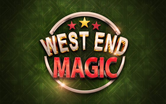 A green background with the show logo in the centre. A shining circle around the title "West End Magic" with 3 stars above.