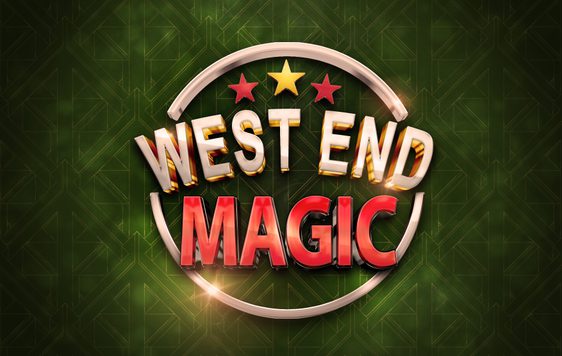 A green background with the show logo in the centre. A shining circle around the title "West End Magic" with 3 stars above.