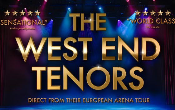 A dark stage with blue and pink spotlights is shown in the background with the show title, "The West End Tenors", written in gold across the centre.