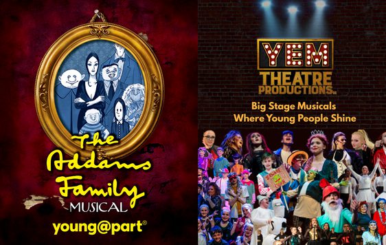 A drawn image of the Addams Family in a gold oval frame to the left and a group of young performers on the right beneath the YEM Theatre Productions logo