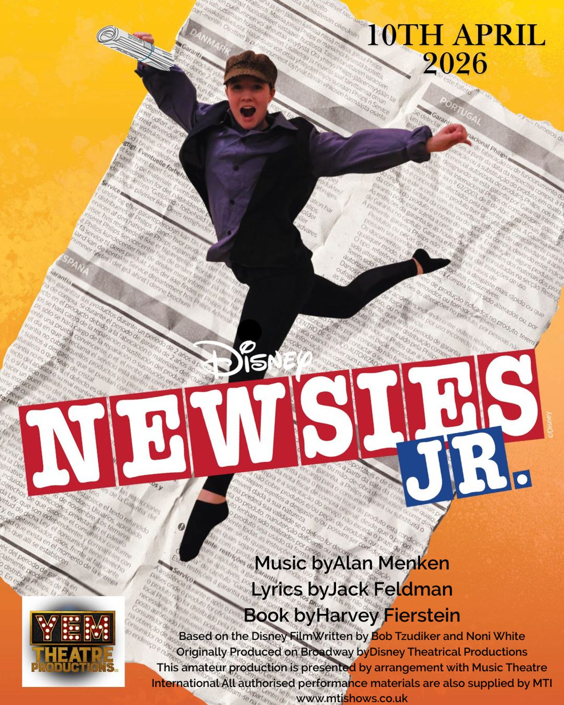 A dancer is shown leaping in front of a newspaper background with the show title "Disney Newsies Jnr". The YEM Theatre Productions logo is shown in the bottom corner.