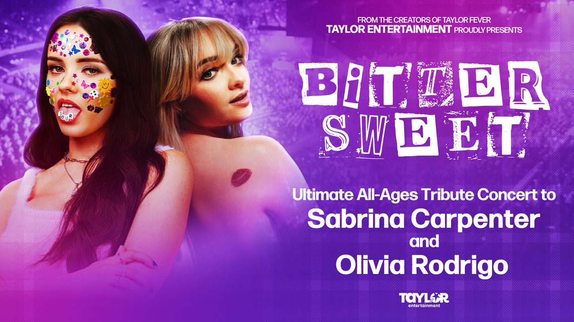 Two performers posing as Sabrina Carpenter and Olivia Rodrigo stand back to back in front of a purple background.