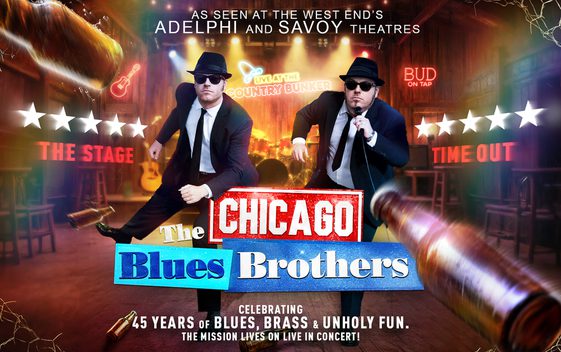 Two men in dark suits hats and sun glasses two 5 star reviews Chicago written in white block letters, Blues in blue and Brothers in white writing on a blue background