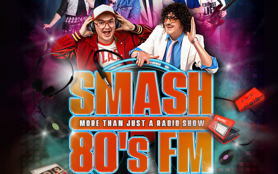 The show title "Smash 80s FM" with the tagline "More than just a radio show" showing two DJ's in 80s attire above and 80s paraphernalia scattered around.