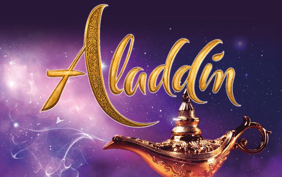Purple sparkly background with a gold oil lamp and the word "Aladdin" shown in gold above.