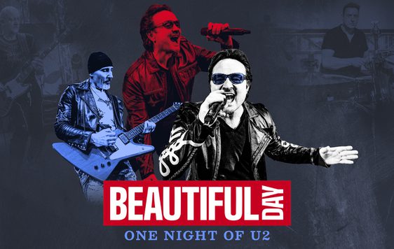 Three performers are shown posing as the members of U2 with a microphone and guitar. The show title is show in front of them "Beautiful Day. One Night of U2".