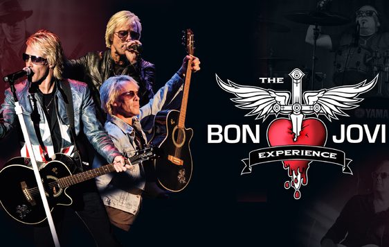 Three performers are shown singing and holding guitars next to a logo of a heart with a dagger through it and the show title "The Bon Jovi Experience"
