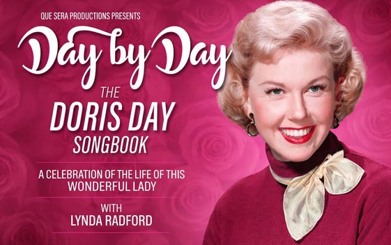 Image shows Lynda Radford as Doris Day, wearing a red turtle neck jumper and a gold neck tie scarf. The show title is shown to the left "Day by Day, The Doris Day Songbook".
