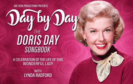 Image shows Lynda Radford as Doris Day, wearing a red turtle neck jumper and a gold neck tie scarf. The show title is shown to the left "Day by Day, The Doris Day Songbook".