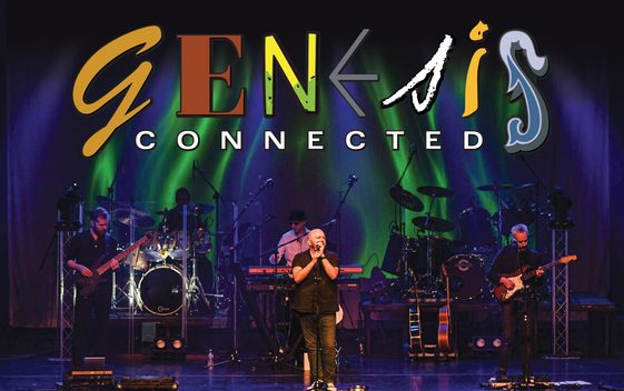 A band are performing on stage with green and blue lighting behind them. The show title "Genesis Connected" is shown above them