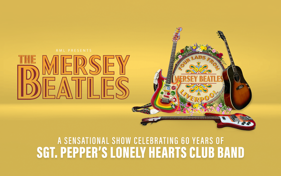 A bass drum covered in flowers with 2 guitars leant against it. Text reads "The Mersey Beatles, a sensationsal show celebrating 60 years of Sgt. Pepper's Lonely Hearts Club"