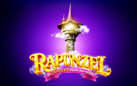 A purple background with a castle turret in the centre surrounded by clouds. The show title is underneath "Rapunzel - A Tangled Panto Adventure"