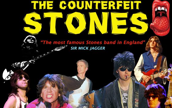 Band members are shown posing as members of The Rolling Stones with instruments and costumes. The show title "The Counterfeit Stones" is shown above.