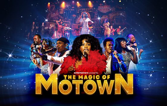 A group of performers are shown dressed as Motown stars singing into microphones against a sparkly blue background. The show title "The Magic of Motown" is shown below.