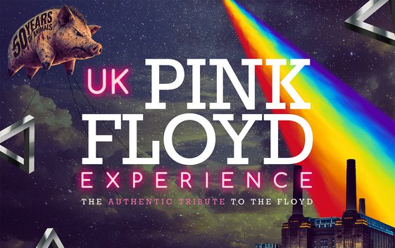 A dark starry background with a beam of rainbow light behind the show title "UK Pink Floyd Experience". A pig shaped balloon is floating in the top corner with the words "50 Years of Animals" written on the side.