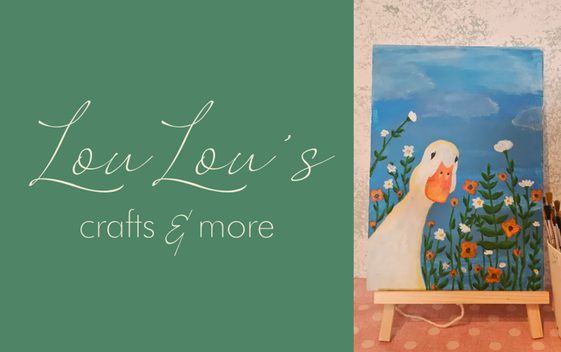 A picture of a canvas with a painting of a white duck with flowers and blue sky behind