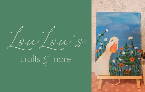 A picture of a canvas with a painting of a white duck with flowers and blue sky behind
