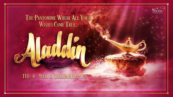 The show title "Aladdin" in gold next to a magical golden lamp against a hazy red and sparkly background