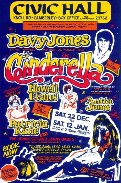Pantomime poster featurng Davy Jones from the Monkees in a production of Cinderella at Camberley Theatre in 1984.
